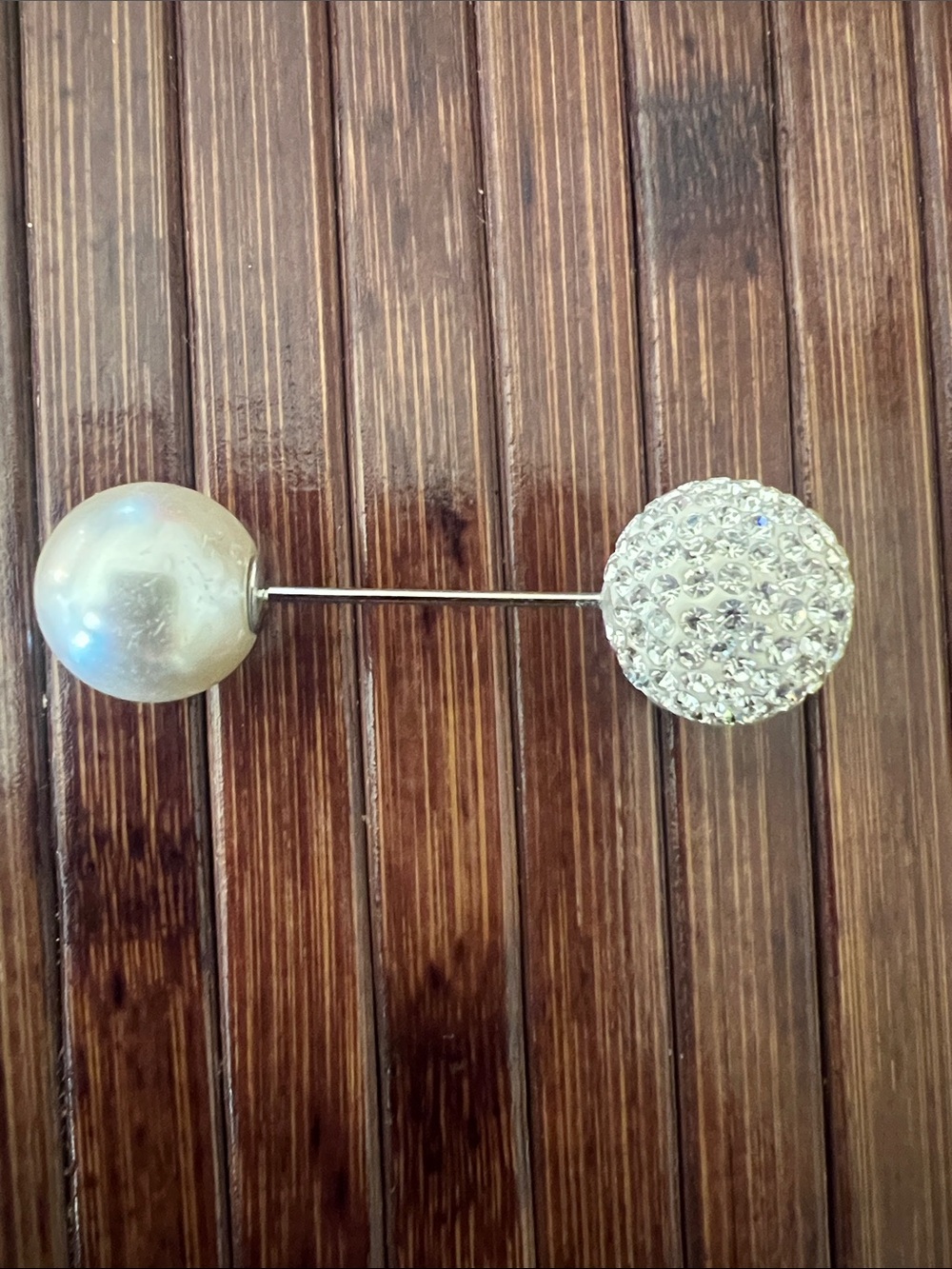 Crystal & Pearl Stick Brooch - Silver and White